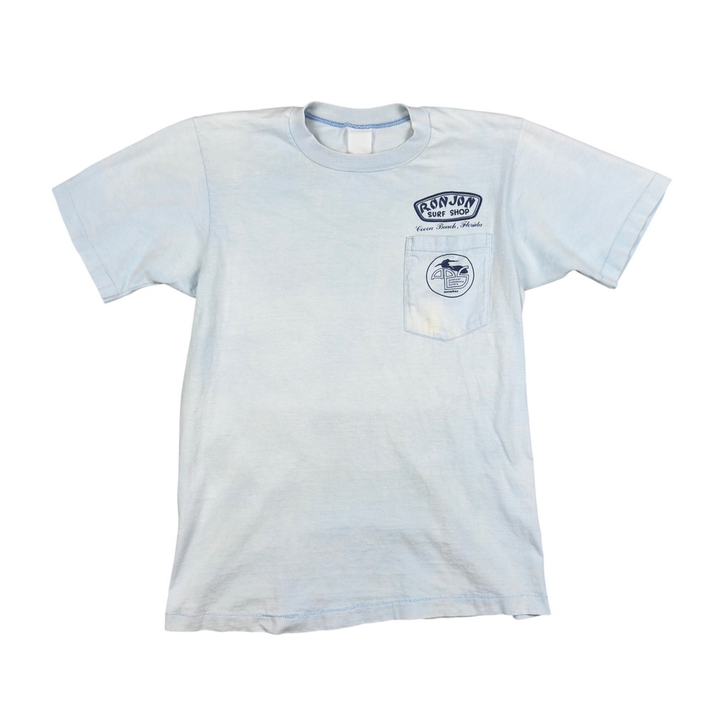 Vtg Ron Jon Surf Shop APS Pocket Tee Men's S Light Blue 1983 Cocoa Beach‎